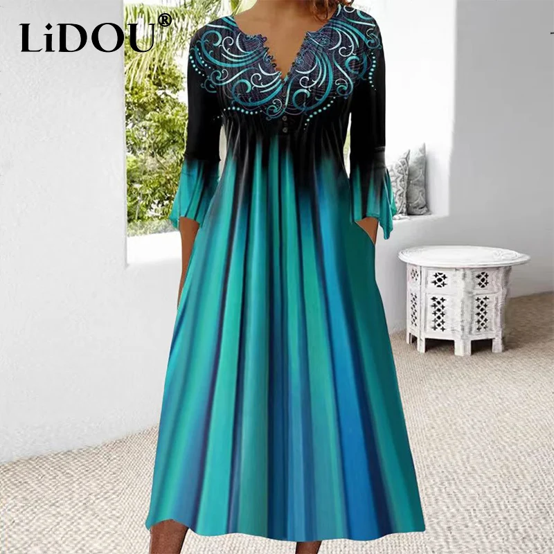 

2023 Summer Elegant Fashion Printing Gradient A-line Dress Female Half Sleeve Loose Casual Midi Robe Femme Vestidos De Fiesta