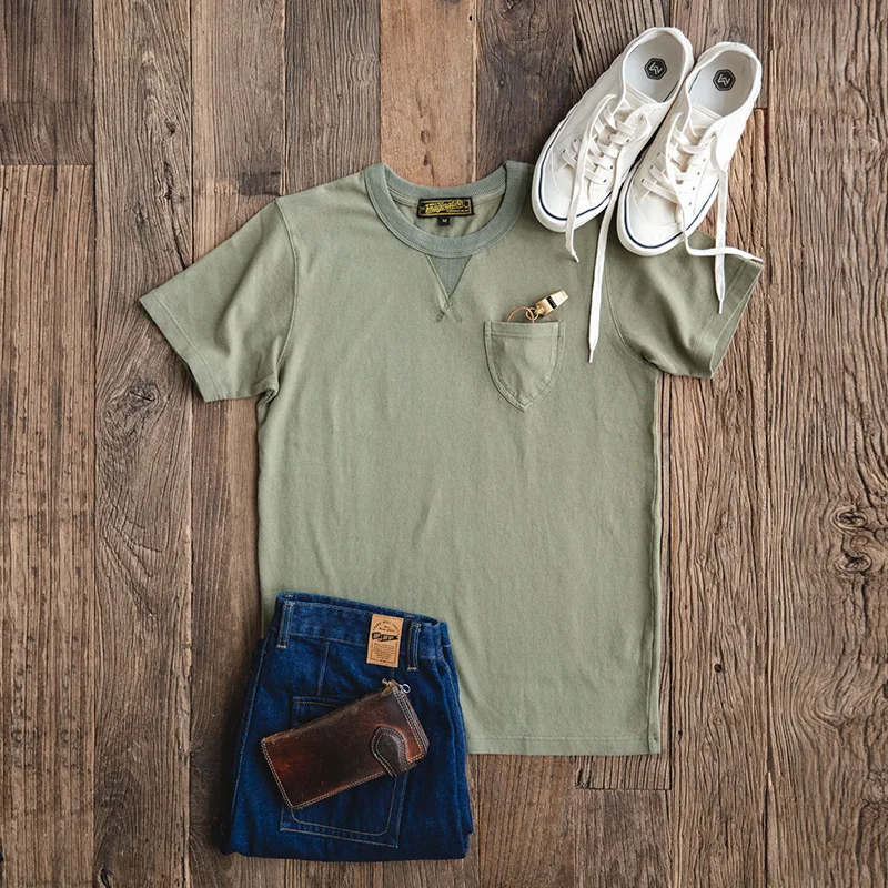 

Maden Vintage 260g Heavyweight Army Green T-shirt Men Inverted Triangle Amekaji Pocket Short Sleeve Tee Military Classic Fit Top