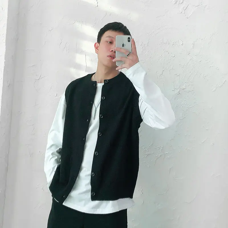 Сплошной цвет мужской вязаный жилет кардиган свитера с круглым вырезом мужская