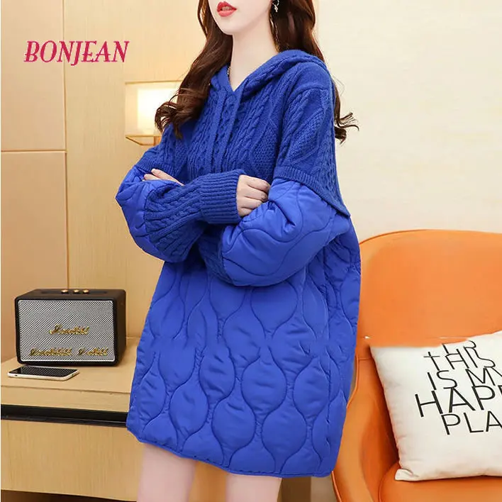2022 Winter Fashion Rhombus Parkas High Quality Hooded Sweater Loose Warm Cotton Sweater Parka Plus Size Causal Parkas