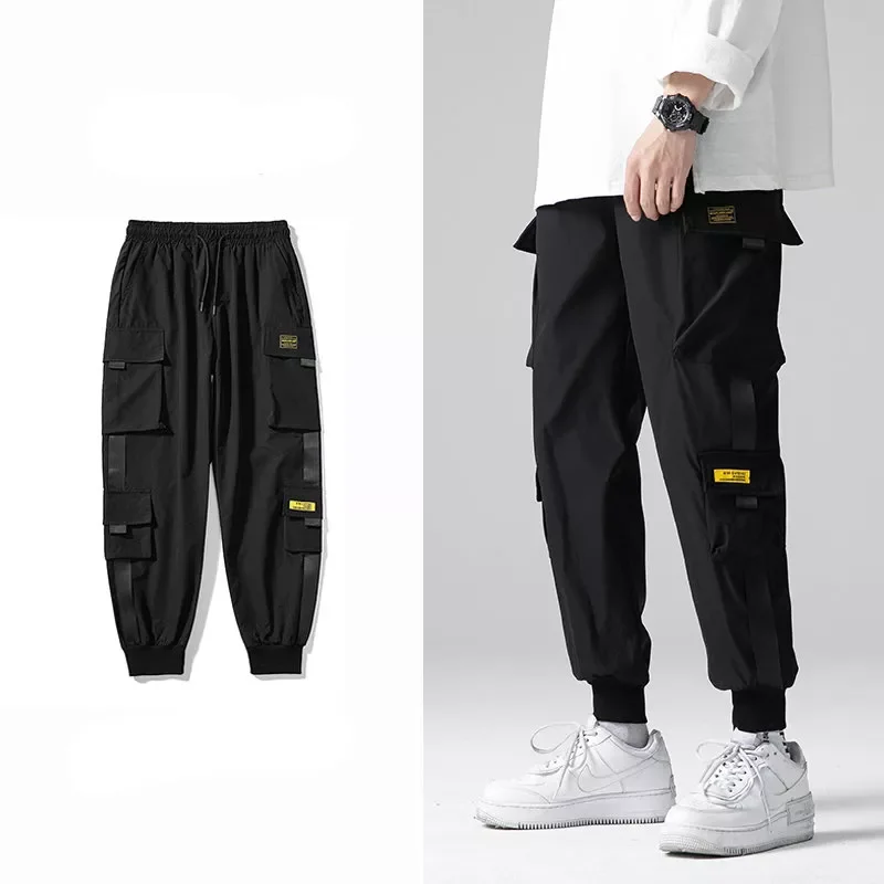 

Cargo Harem Pants Ribbons Black Hip Hop Casual Male Joggers Trousers Fashion Casual Streetwear Pants Harajuku Men's Side Pockets