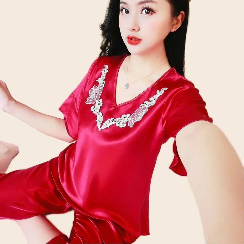 Womens Pajama Sets Night Wears Silk Rayon Pajamas Cozy Soft Pijamas Fashion Lace Print Big Size 2Piece/Set Luxury Home Clothes