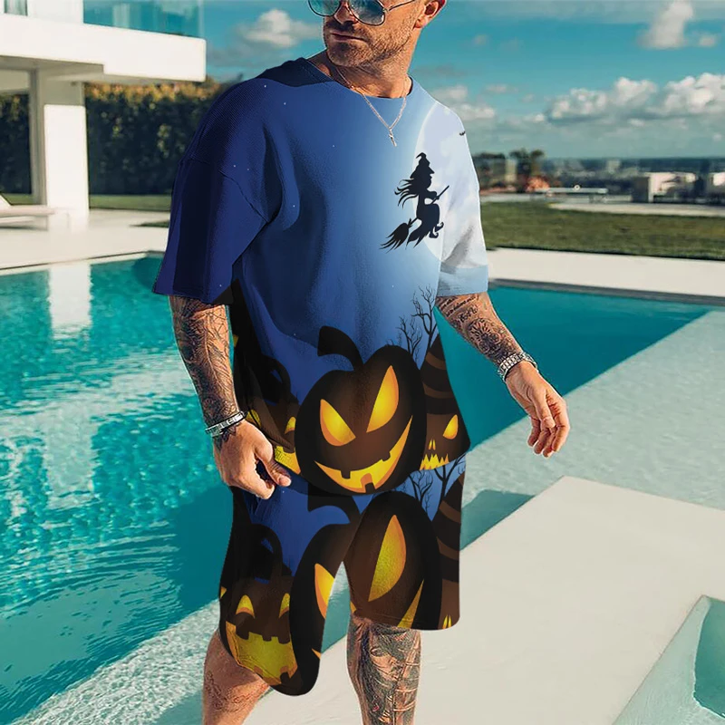 Summer Men's Casual Street Beach Shorts Set 3D Printing Color Halloween Thriller Crew Neck Street Home Short Sleeve Two-piece Se