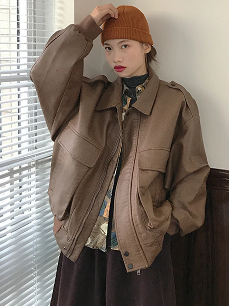 Winter Black Oversize Leather Jacket Women Korean Streetwear Vintage Pu Zipper Biker Jacket Female Autumn Warm Pocket Loose Coat