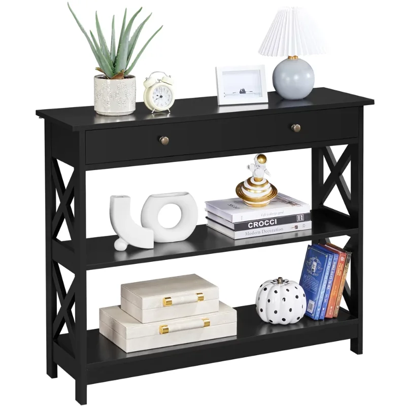 

Easyfashion 3-Tier X-Design Wood Console Table with Storage Drawer, Black