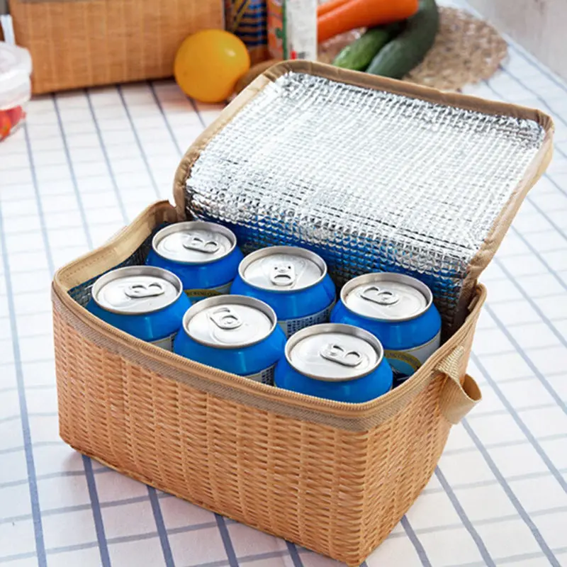 Hot Sale Portable Plastic Thermal Lunch Tote Bag Imitation Rattan Lunch Storage Bag Cooler Bag Insulated Lunch Box Picnic Bag