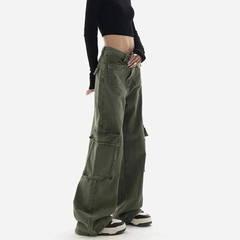 Army Green Overalls Women's Spring Straight Loose Retro High Waist Denim Pants Casual Pants Wide Leg Pants
