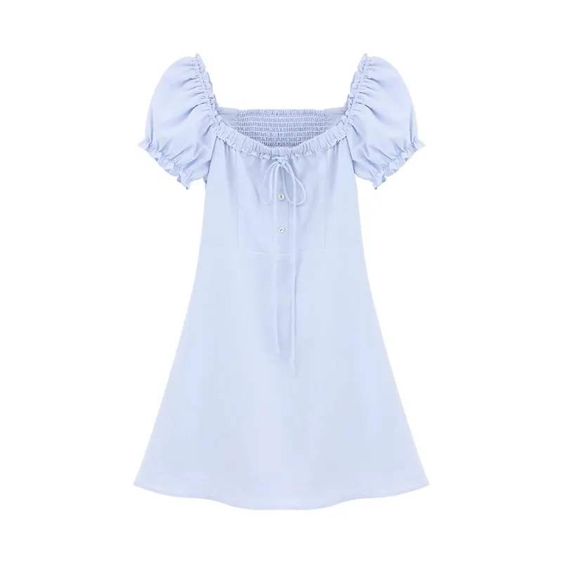 Женское весеннее синее платье с пышными рукавами милое мини-платье