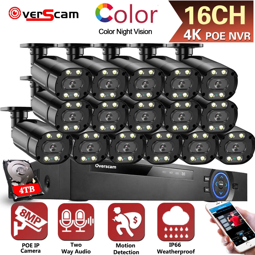 

4K 16CH CCTV System POE NVR Kit Bullet Color Night Vision AI Motion Detection H.265 Video Surveillance IP Security Camera P2P