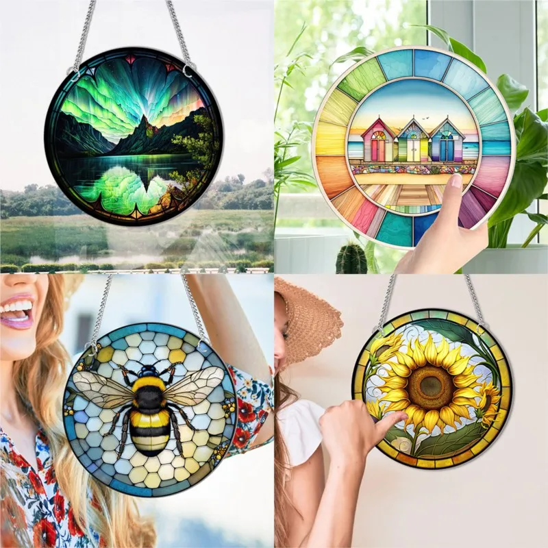 

Round Acrylic Pendant Window Porch Home Decor Double Sided Patterned Chain Hanging Plaque