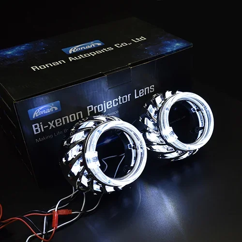 

RONAN 2,5-дюймовые спиральные двойные светодиодные интегрированные кожухи, белые, синие, красные, ангельские глазки, DRL для биксеноновых двухсветодиодных линз проектора, фары
