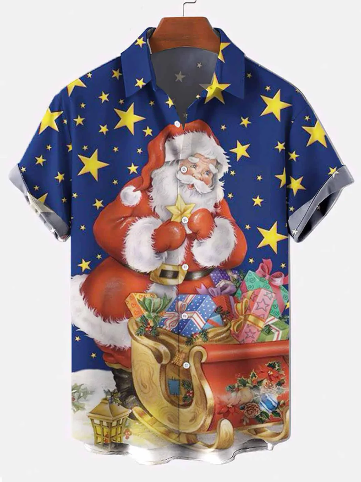

Men's Christmas Santa Print Casual Breathable Short Sleeve Hawaiian Shirt