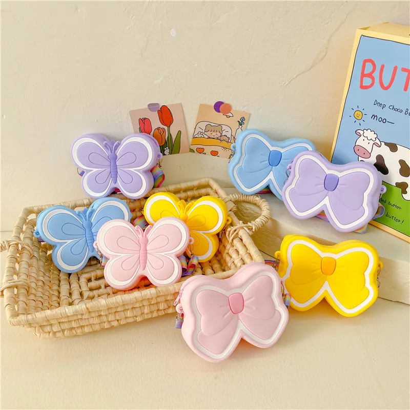 

2023 New Silica Gel Bow Children's Mini Shoulder Bags Outdoor Baby Girls Coin Purse Handbags Rainbow Strap Kids Crossbody Bag