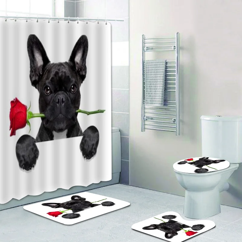 

Cool Watercolor Painting French Bulldog Bathroom Curtain Set Shower Curtains Set for Bathtub Toilet Cover Mat Carpet Home Decor