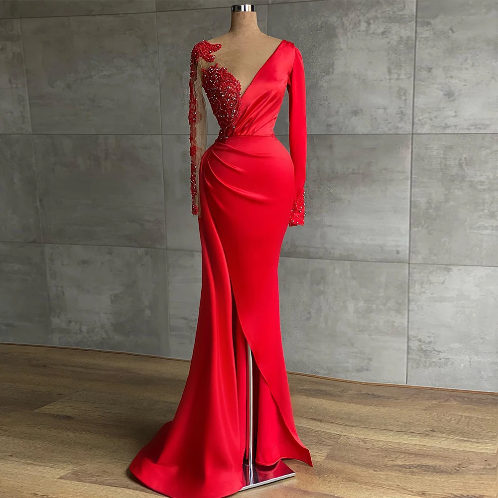 

Classic Evening Dress Long Luxury 2022 V-Neck Full Sleeves Zipper Prom Dress Side Split Lace Applique Trumpet Robes De Soirée