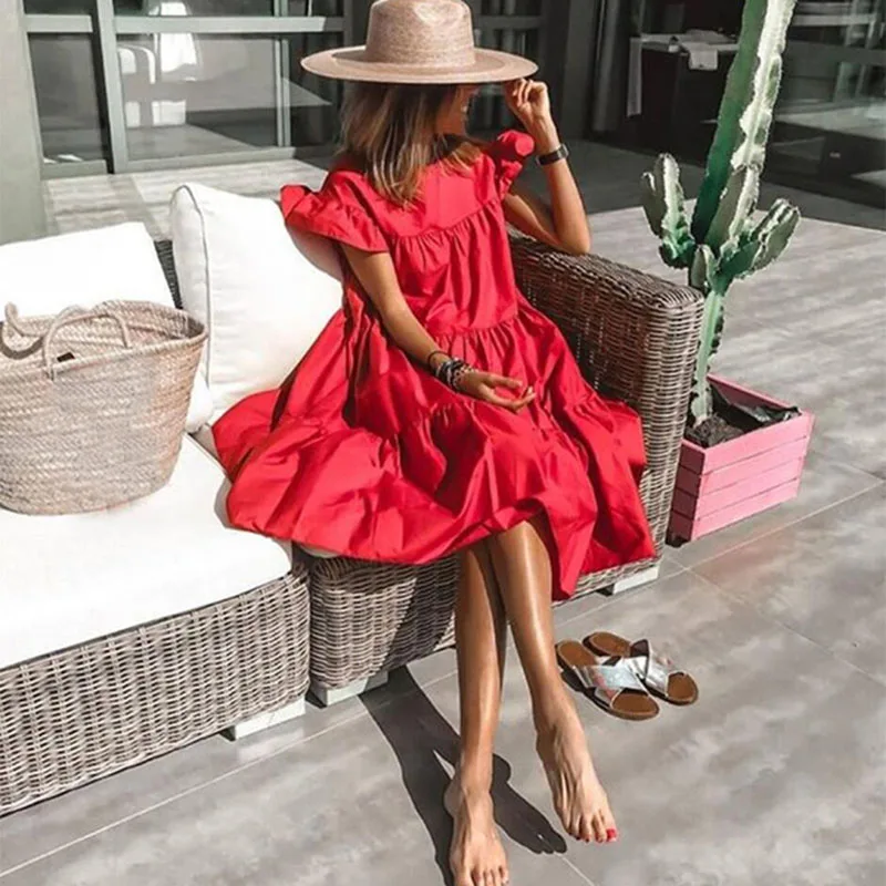 

2023 New Summer Bohemian Dress Women Solid Color Short Sleeve Ruffled Midi Dresses Female Casual Holiay Beach Party Robe Dress