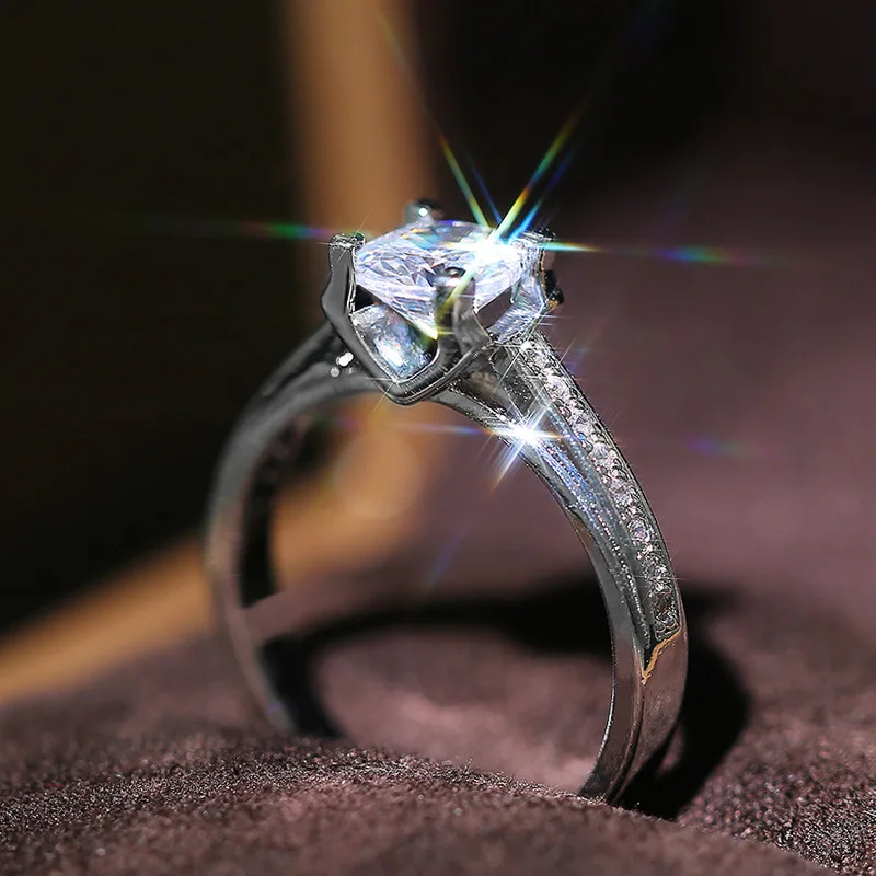 

Luxury Real 925 Stamp Wedding Ring for Women Engagement Band Single Row Drill Princess Cut Jewelry AAAAA Zirconia