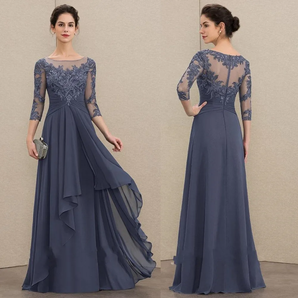 

Elegant A-Line Scoop Neck Floor-Length Chiffon Lace Mother of the Bride Dresses With Cascading Ruffles Plus Size Mother Gowns