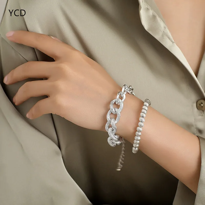 

YCD 2PCS/SET New Fashion Luxury Cuban Chain Bracelet Trendy Bead Charm Bracelets Bangles for Women Men Jewelry Gift