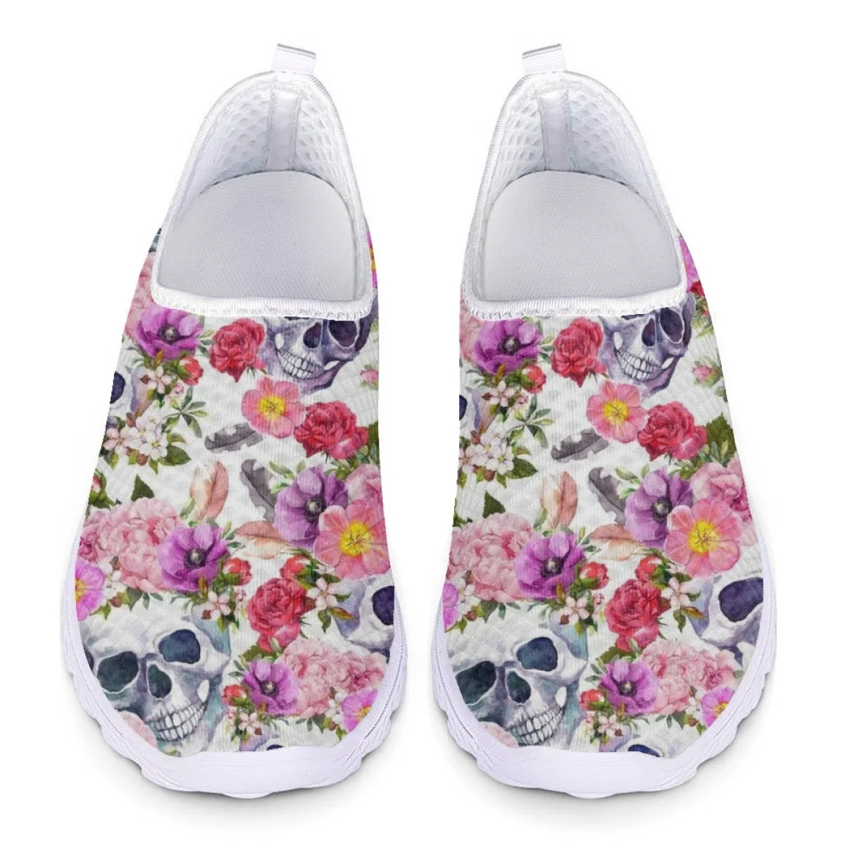 

Nopersonality Trendy Mesh Sneakers Women's Plant Floral Skull Design Casual Flat Shoes Breathable Comfortable Street Style