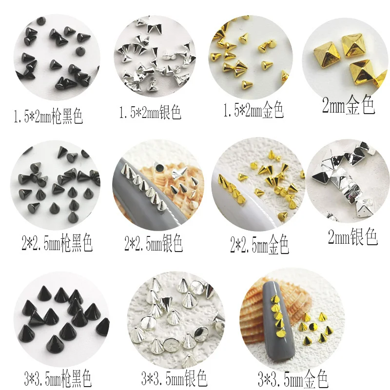 

50pcs Punk Taper Rivets Charms Nail Art Jewelry Gold Silver Square Nail Rhinestones Multi-Size Gems Decora Metal Flat Nail Studs