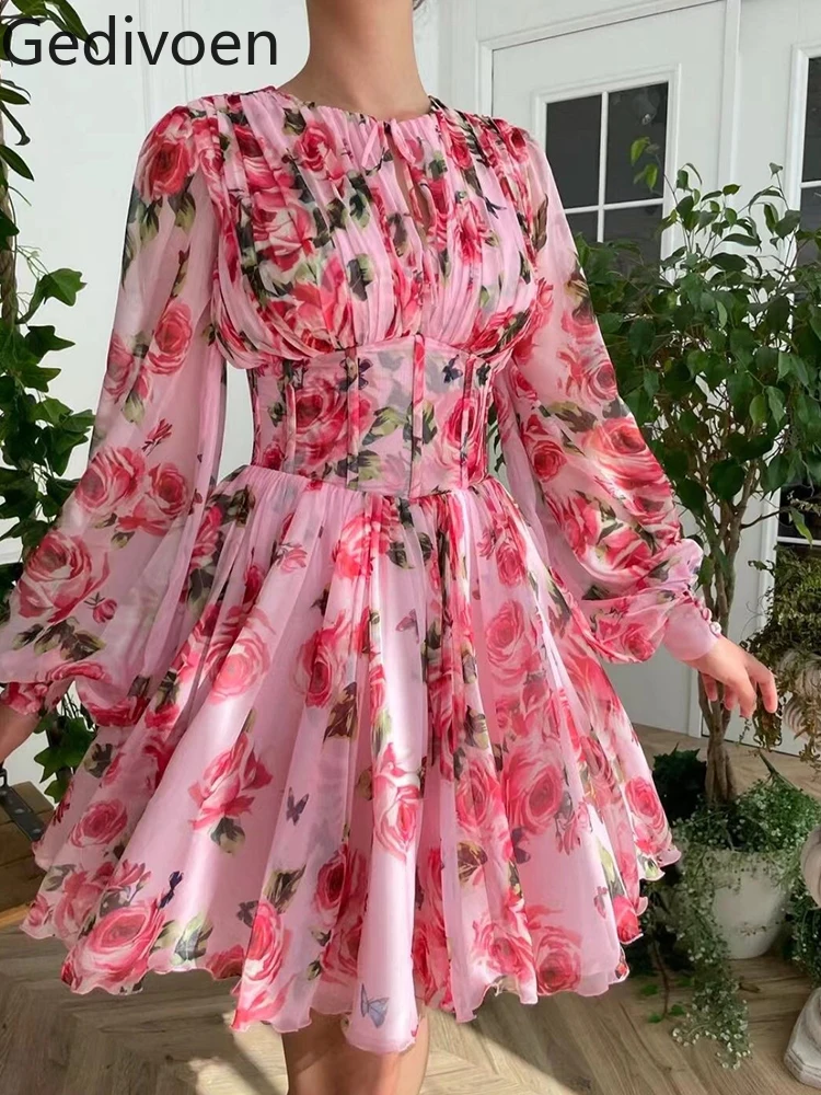 

Gedivoen High Quality Summer Women Fashion Runway Mini Dress Lantern Sleeve Draped High Waist Floral Print Party Dress Vestidos