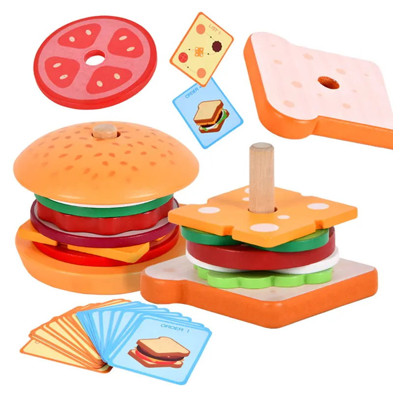 

Montessori Pretend Food Matching Wooden Toys Simulation Hamburg DIY Colors Shape Matching Sensory Board Game Educational Toys