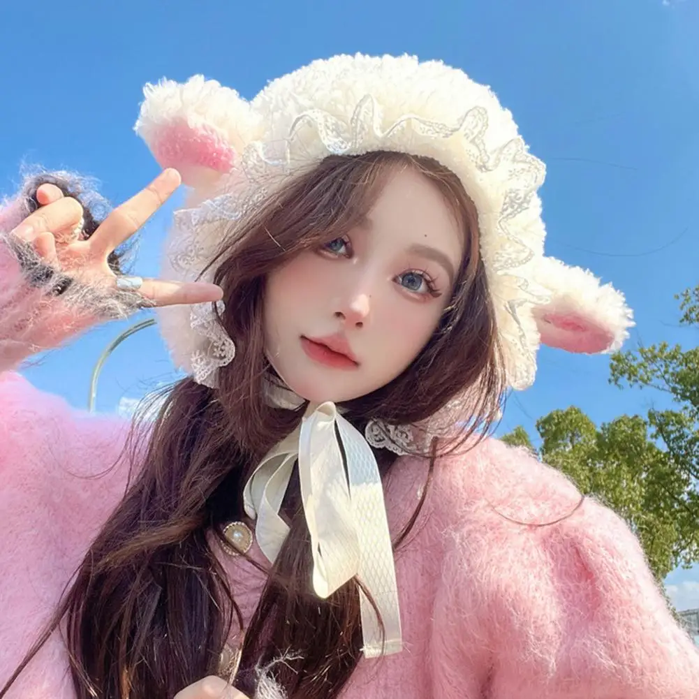 

Winter Hat Sheep Ear Decor Windproof Hat Cozy Lace Hat
