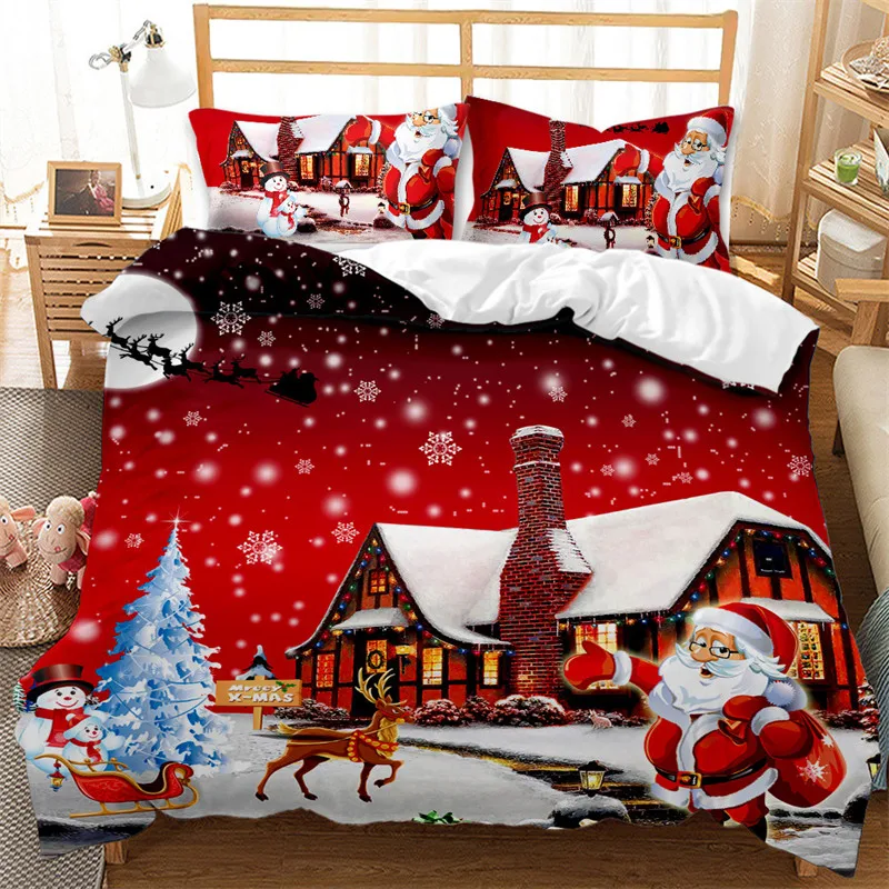 

Red Christmas Duvet Cover Santa Claus Snowman Twin King Bedding Set Microfiber 2/3pcs Cartoon Comforter Cover With Pillowcases