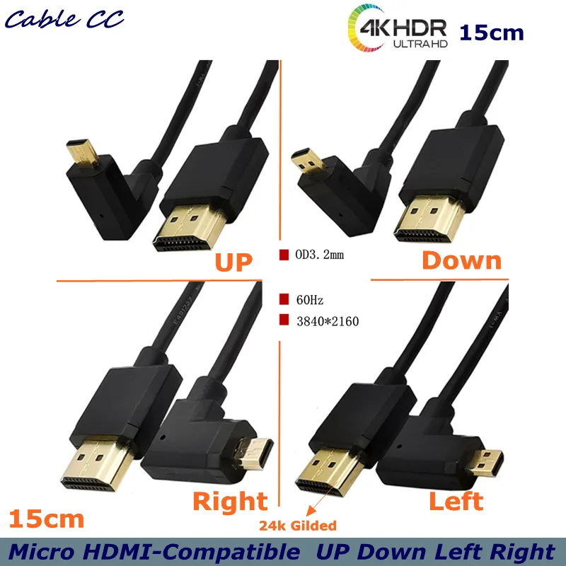 

24K Gold Contacts 4K * 2K 60Hz Micro HDMI-compatible 2.0 A Revolution to V2.0 90 Degree Male HD High Speed Super Thin Cable