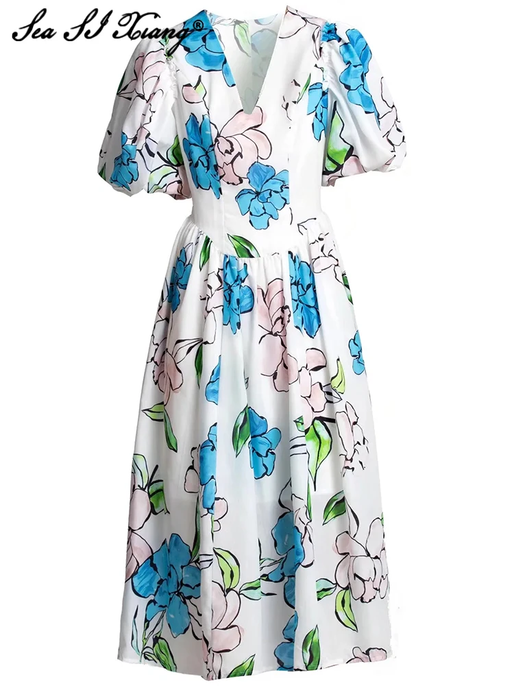 

Seasixiang Fashion Designer Summer Dress Women V-Neck Puff Sleeve Flowers Print High Waist Vintage Party Midi Dresses
