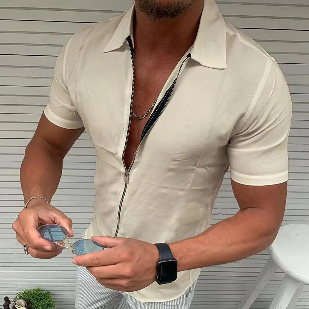 Men's Shirts 2022 Summer Personality Men's Trendy Fashion Simple Shirts Solid Color Casual Short Sleeve Zipper Shirts Cardigan