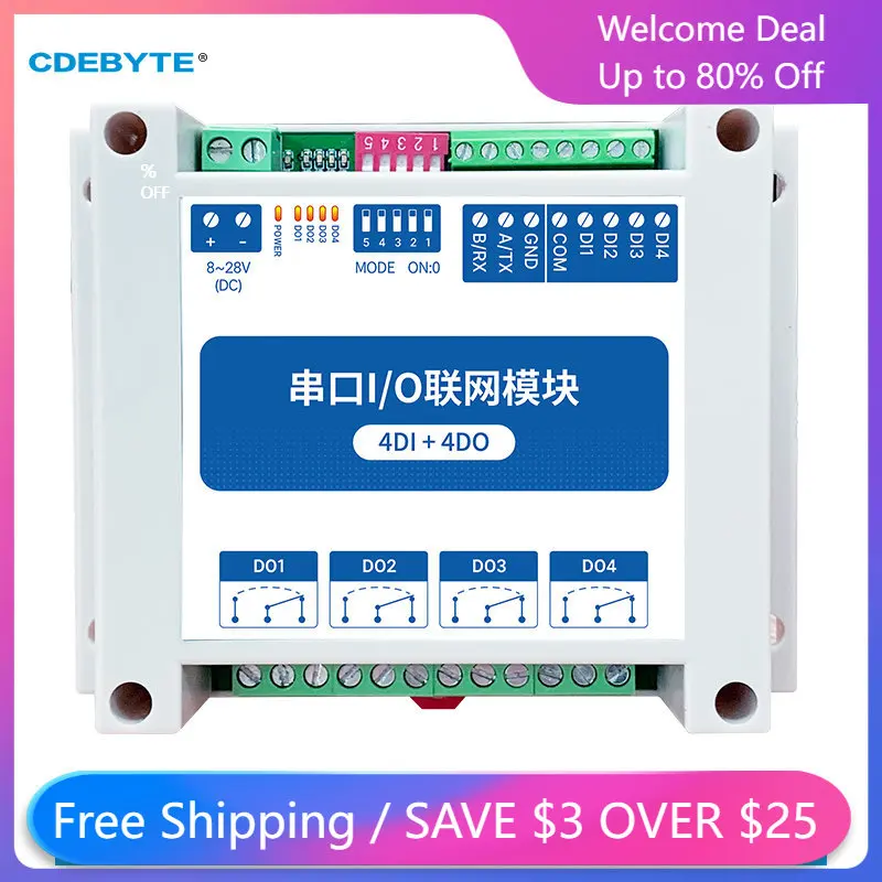 

4DI+4DO Modbus RTU Control I/O Network Modules Serial Port RS485 Interface CDEBYTE MA01-AXCX4040 Rail Installation 8V~28V IoT
