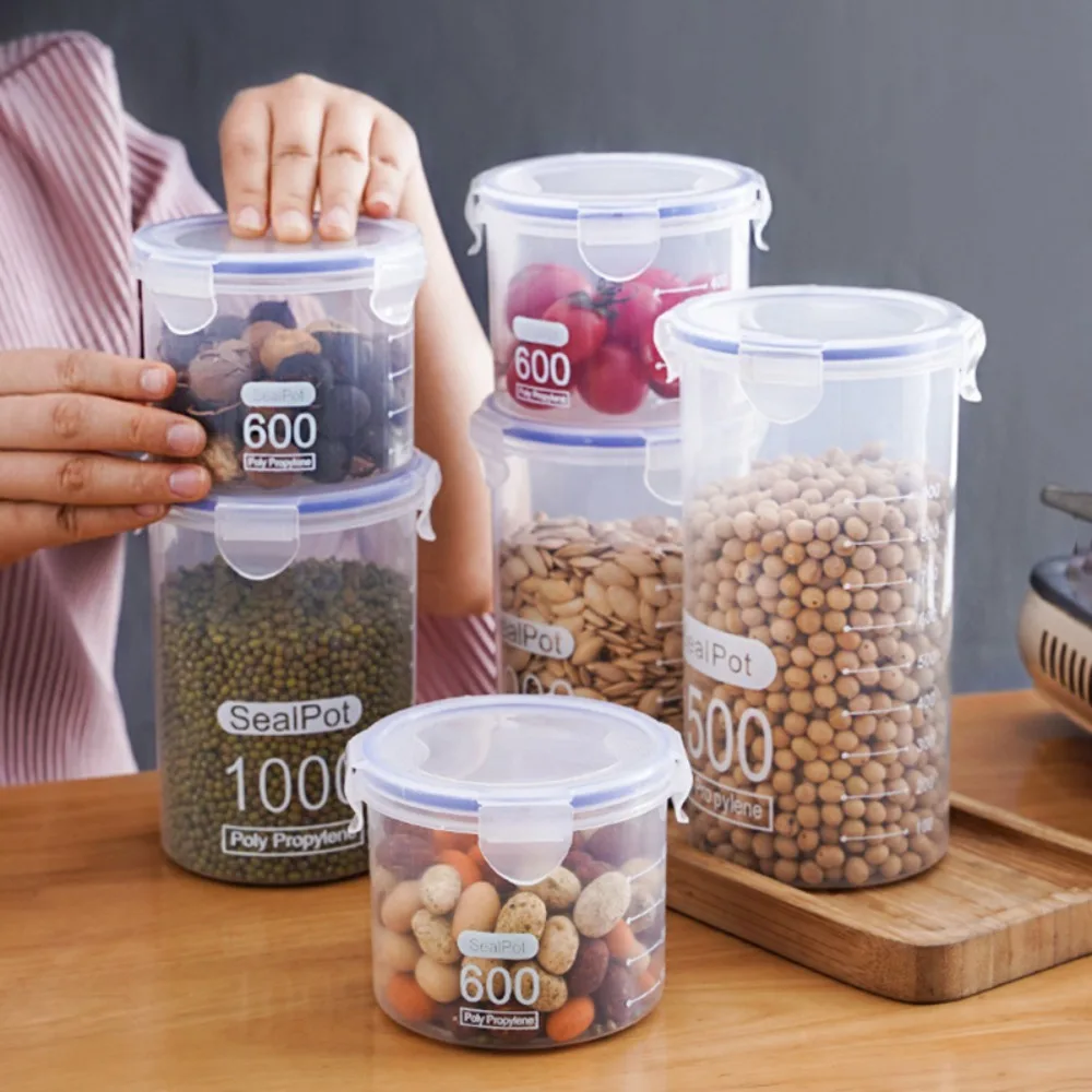 

Cylindrical Transparent Food Sealed Jars Airtight PP Plastic Food Airtight Jar Moisture Proof Leakproof Kitchen Storage Boxes