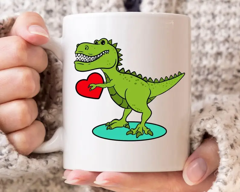 

T-Rex Holding A Heart Mug, Gift For Valentine'S Day, Hearts Day Coffee Mug, Tyrannosaurus Rex, T-Rex Lovers Design, Couple Mug,