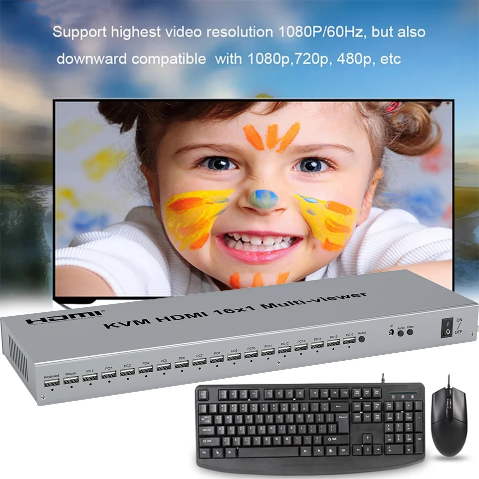 Фото 1080P USB KVM 16x1 HDMI Поддержка мыши Клавиатура бесшовный переключатель 16 Way Multiviewer разделитель экрана на 1 ТВ монитор №5