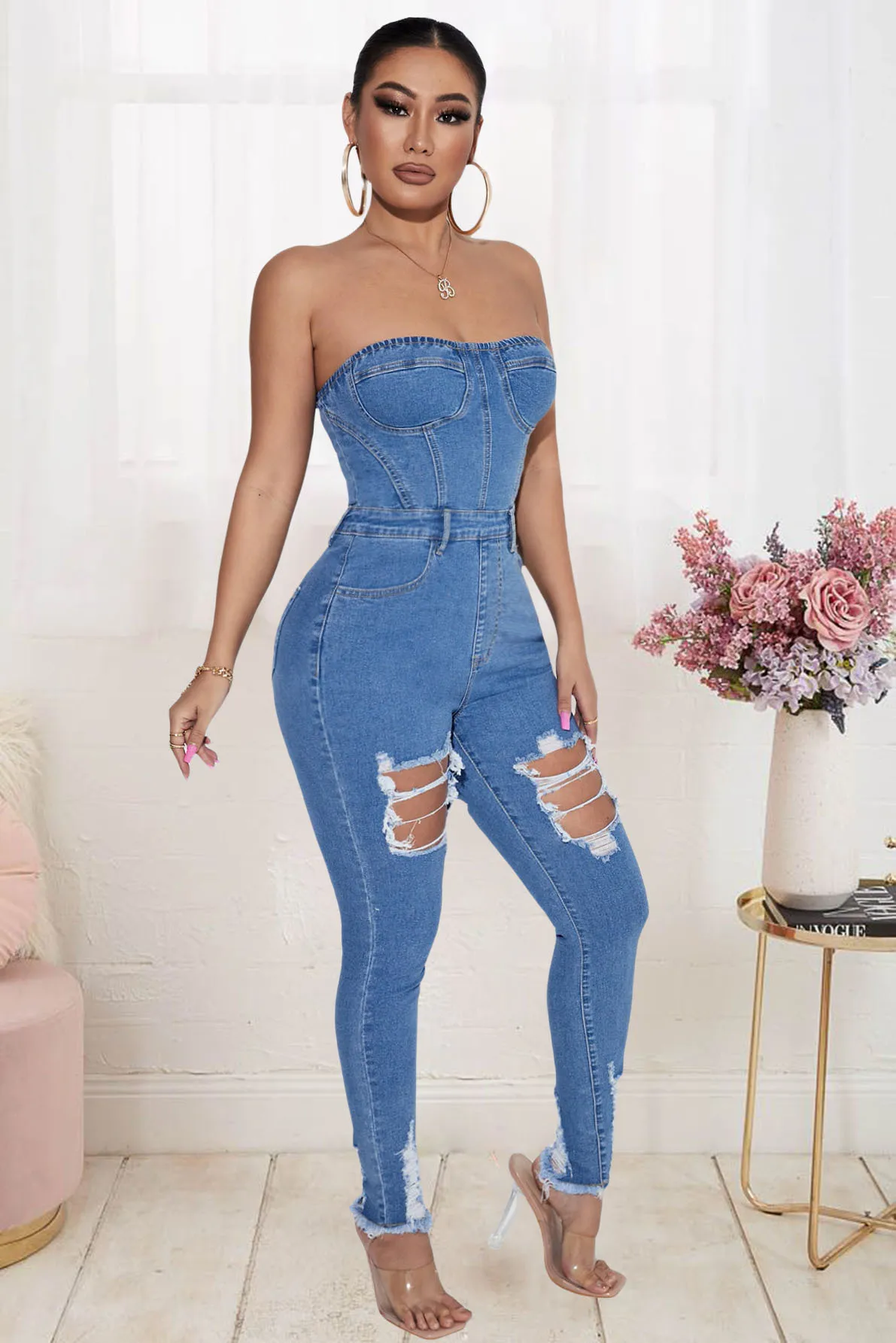 

Denim Slim Waist Tube Top Jumpsuit Sexy Strapless Zipper Long Rompers