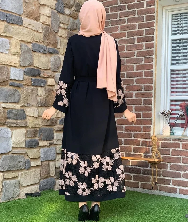 Floral Muslim Dress Abaya Dubai Robe Women Long Sleeve Abayas for Women Caftan Marocain Kaftan Islam Eid Mubarak Ramadan Dresses