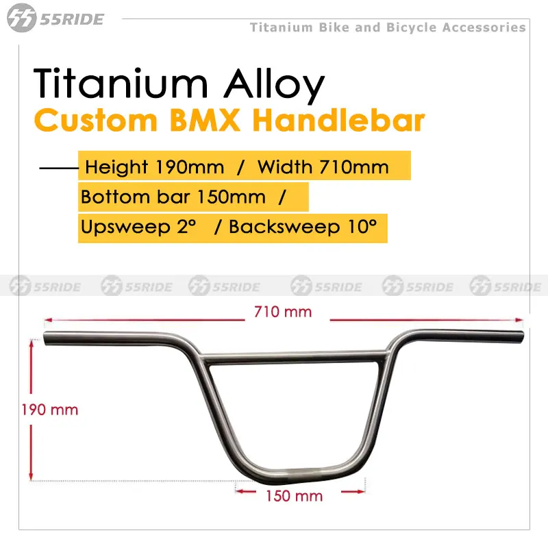 Фото Кастомные титановые (Gr9) рули BMX из титана Ti T3Al2.5V, ширина 710 мм, высота 190 мм, 2-я модель. °   Апсвеп 10 °   Бэксвип №1