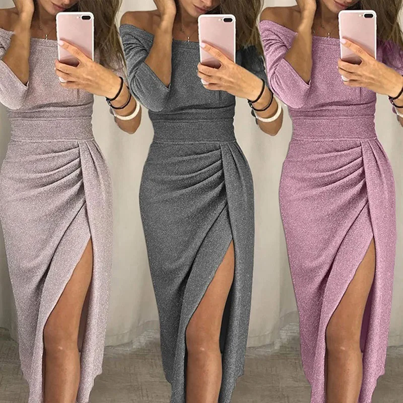 

Fashion Women Bling Dress Summer Women Long Dress Sexy One Shoulder Slit Party Dress Glitter Sparkle Club Elegant Dress