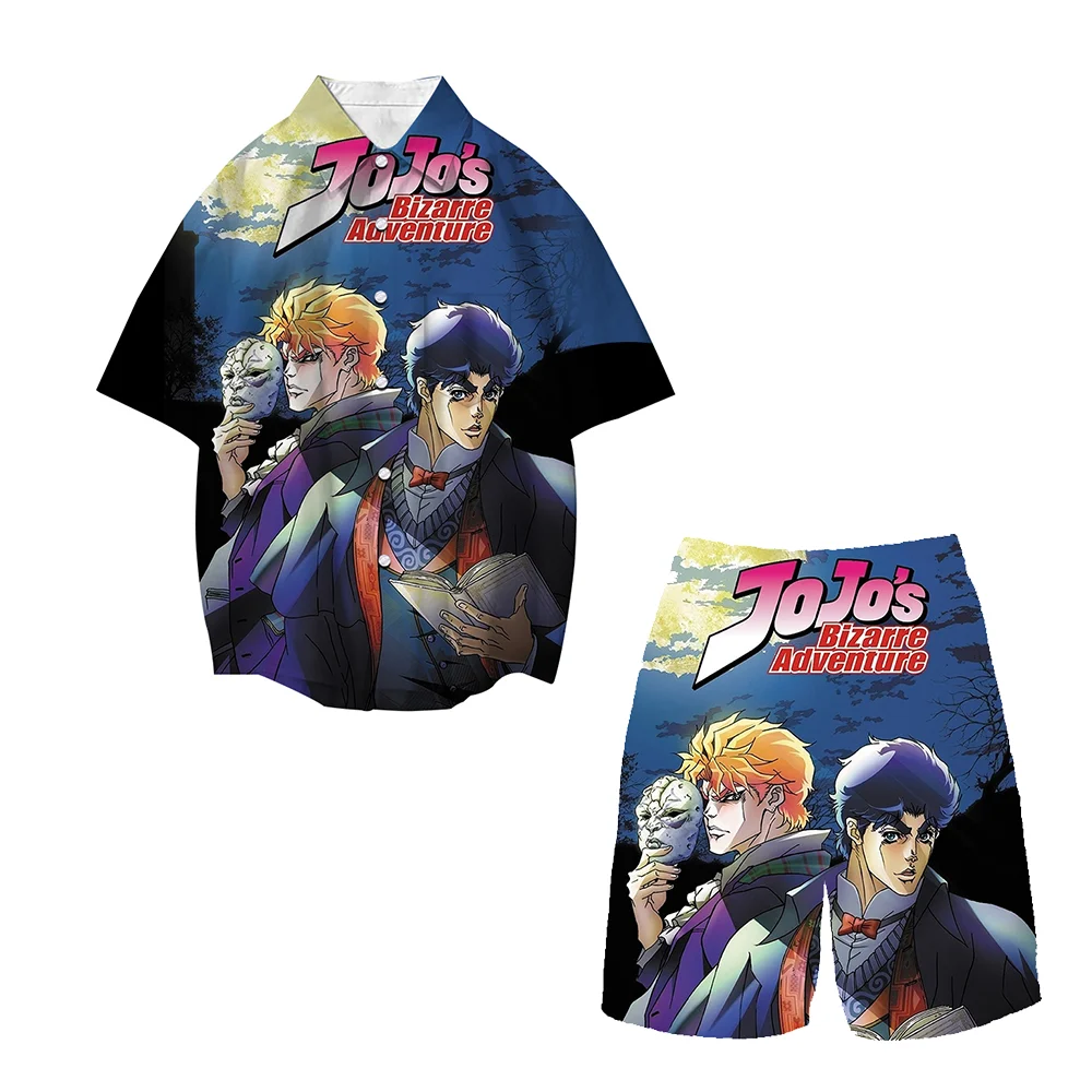 

Anime Jojo Bizarre Adventure Casual Loose Shirt Tops Boys Girls Kids Short Pants Suits Men Women Lapel Short Sleeve Shirts Set