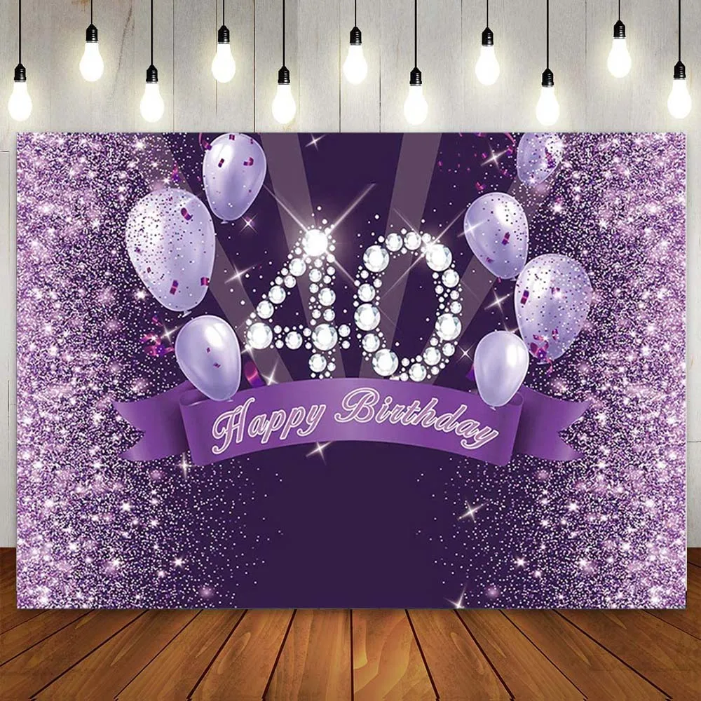 

Happy 40th Birthday Party Banner Backdrop Purple for Woman Forty Photography Background Diamond Balloon Sequin Ray Shape Banner
