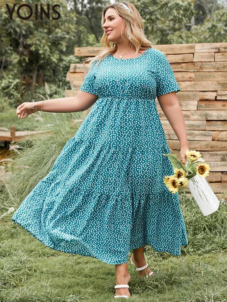 

YOINS Bohemian Maxi Long Dress Women O Neck Printed Vintage Party Beach Plus Size Sundress 2022 Summer Casual Pleated Vestidos