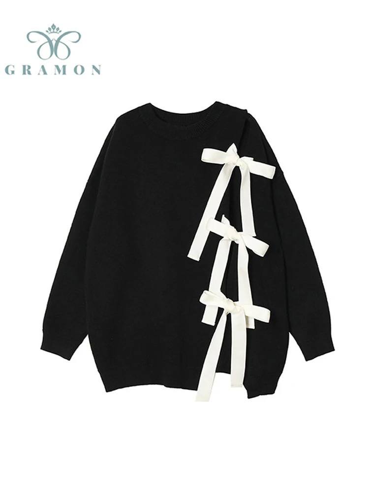 

Женский трикотажный пуловер с бантом, черный свитер с длинным рукавом, вязаный джемпер в уличном стиле, винтажная одежда в Корейском стиле на осень