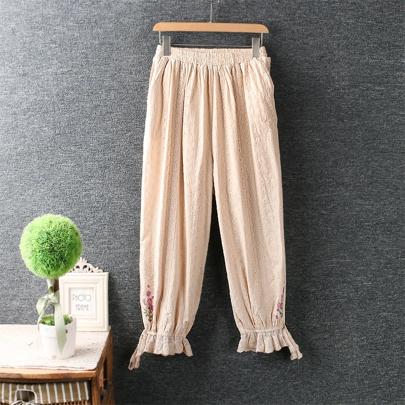 

Summer Sweet Embroidered Pants Women Elastic Waist Ankle-length Pants ML0507