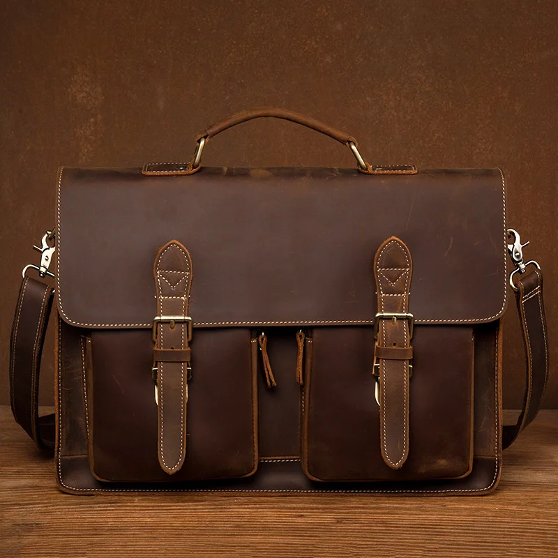 

Work Bag Briefcase Men Leather Crazy Vintage Handmade Bag Horse 15" Large For Laptop Capacity Handbag Business