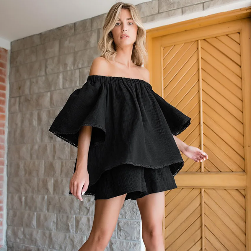 

Пижама женская Свободная из крепа и хлопка, Модный комплект с шортами и коротким рукавом, дышащая удобная домашняя одежда, лето