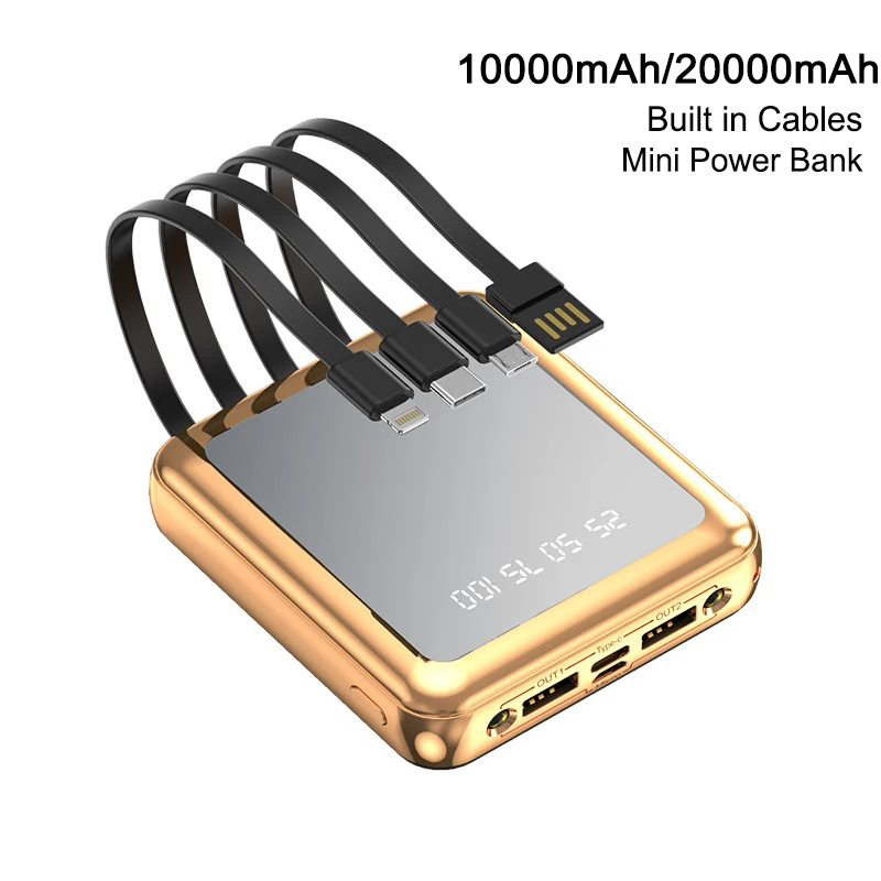 

20000mAh Mini Power Bank Built in Cable Portable Charger Powerbank for iPhone 13 12 Pro Samsung S22 S21 Huawei Xiaomi Poverbank