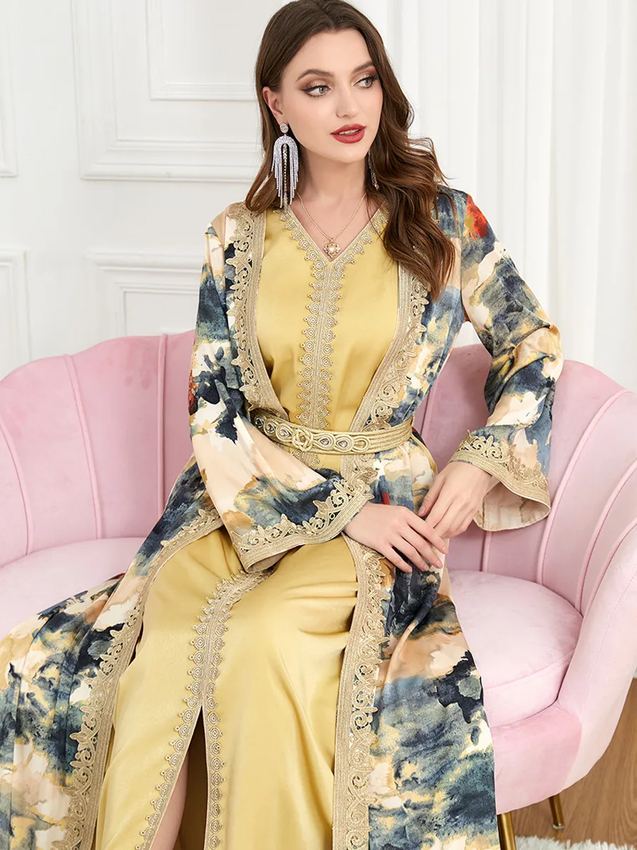 Moroccan Caftan Woman Jalabiya Abaya Muslim Dubai Ladies Luxury Clothing Prom Kaftans 2 Piece Suit Islamic Long Dresses 2023