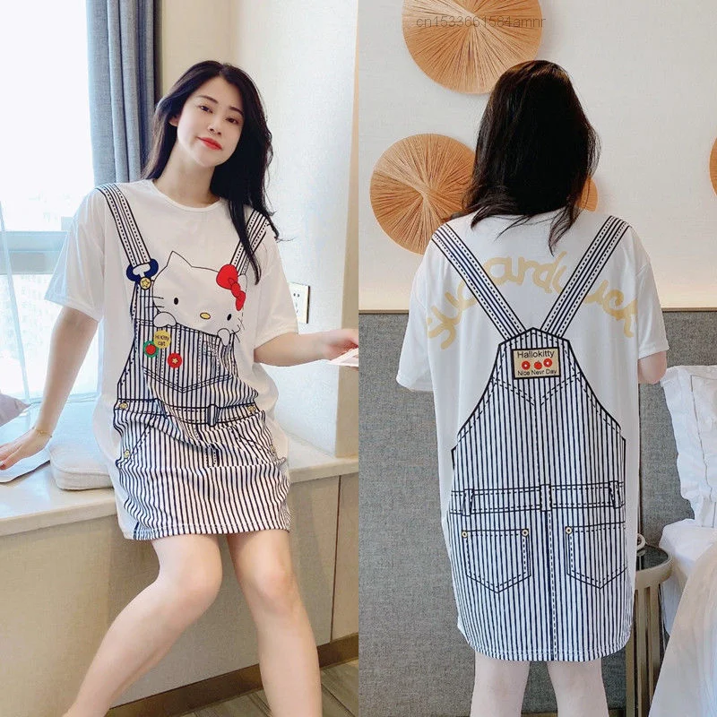 

Hello Kitty Nightdress Women's Summer Short Sleeve Fake Two-piece Set Design Lovely Loose Oversized Pajamas Home Clothes Kawaii